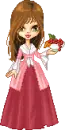 cute girl in a pink party dress, with a bowl of fruit!