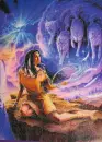 native american woman with wolves in the sky