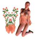 Woman kneels on flower