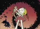 Lenore the ballerina holding kitty ravens swirling.