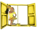 Woman kneels in the window