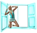 Woman kneels in the window