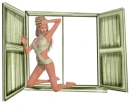 Woman kneels in the window