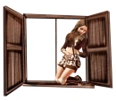 Woman kneels in the window