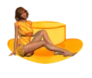 Woman sits on his hat