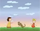 girl playind with a dog
