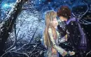 anime couple hug in snow