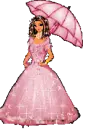 doll in pink dress with umbrella..