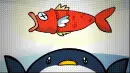 A penguin catching a fish