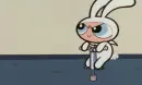 Cute powerpuff girl dressed as a bunny jumping on a pogo stick