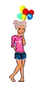 Silver haired doll playing with a bunch of balloons
