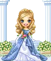 Cute little princess doll wearing a blue dress with blonde hair
