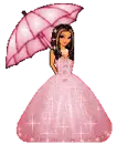 Brown haired girl in a pink dress blinking
