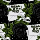 Seamless Background, black roses - green leaves