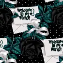 Seamless Background, black roses - blue/greenleaves