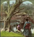 Geishas gathering around a lake