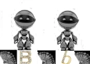 Silver Robots with B in Yellow Gold