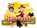 Halloween: Red Witch with Cat, Raven and Broomstick: Rennie