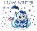 Snowing on an anime girl & a Snowman Saying...  "I love winter"