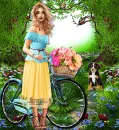 Girl cycling with puppy 