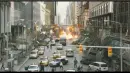 people running, cars exploding in a city street