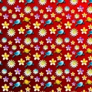 Red background with birds and flowers