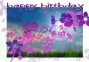 happy birthday, HIBISCUS, PINK, PURPLE, VINES, TEXT