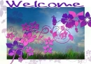 WELCOME, TROPICAL, HIBISCUS, PURPLE, TEXT