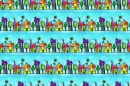 CARTOON HOUSES ON TURQUOISE BACKGROUND