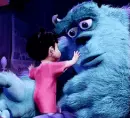 blue monster, hugging little girl