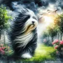 Shaggy dog in bad weather