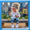 Girl blowing bubbles with Pgh backdrop