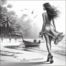 Pencil sketch girl on the beach