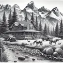 Pencil sketch of cabin and scenery