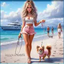 Girl walking dog on beach