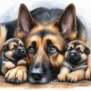 German Shepherd and pups