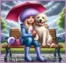 Girl and her Dog sitting in the rain.