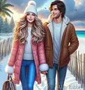 Couple strolling along the Beach in Winter