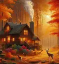 Autumn Cabin with fireplace smoke