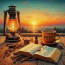 Bible, lamp, mug with Pray