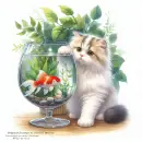 cat plays with fish