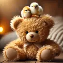 Teddy bear with chicks on its head