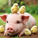 Charming pig and chicks
