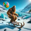 Bigfoot on a sled on a glacier