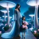 Mommy and child in a glowing mushroom garden