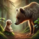 Baby fluffy teddy bear and a real bear