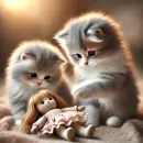 Kittens playing with a doll