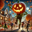 Halloween pumpkin chasing kids
