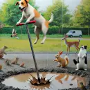 Dog on a pogo stick jumping in a muddy puddle