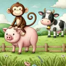 Monkey on a pig next to a cow
